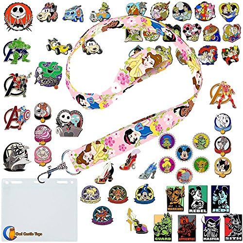 Disney Trading Pin Lot of 10 Lapel Collector Pins! No Duplication! Featuring 1 Disney Princess Lanyard and Card Holder! Includes Owl Castle Toys Storage Box!