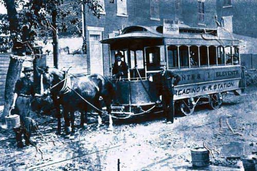 Three Men and Trolley by unknown. Size 26.50 X 17.75 Art Poster Print on Canvas