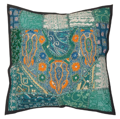 Imagen 2 de Cojín de algodón hecho a mano indio cover set Adorna con tamaño de trabajo de bordado y parche de 16 x 16 pulgadas Juego de 2 piezas