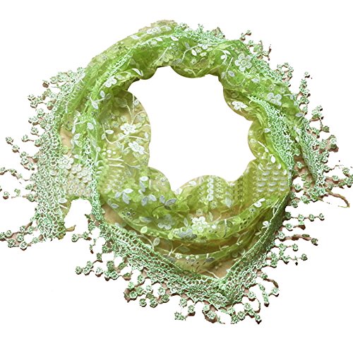 Green Lace Tassel Sheer Burntout Floral Print Triangle Mantilla Scarf Shawl