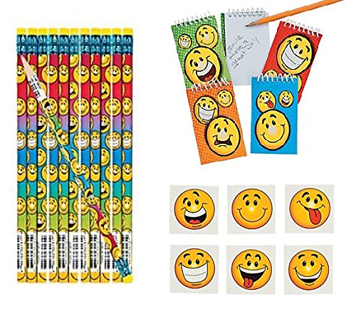 60 Silly SMILE FACE Party Favors - PENCILS Notepads TATTOOS - Birthday GOODIES - Smiley HAPPY 60's SIXTIES