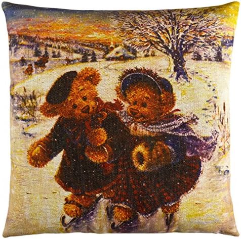 Elyhome 18x18 Inches Vintage Retro Stlye Teddy Bear Couple Ice Skating Art Painting Home Decor Cotton Linen Decorative Square Cushion Throw Pillow Cover