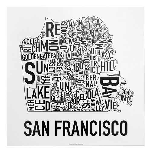 San Francisco Neighborhoods Map, Black & White, 18
