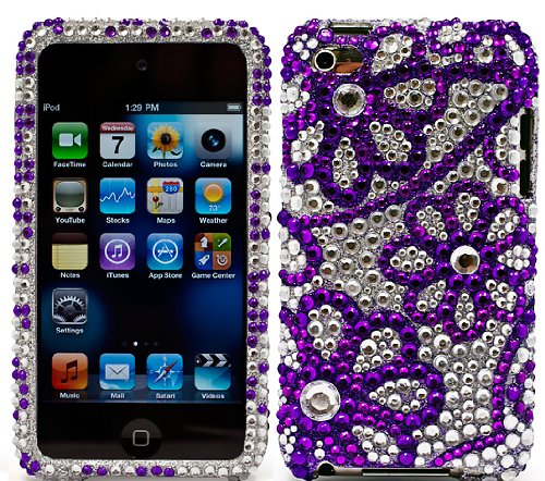 Fashion Art Strass Rhinestone Design Schutzfolie Hülle Tasche Etui Case für Apple iPod touch 4G MP3-Player (Purple Flower)