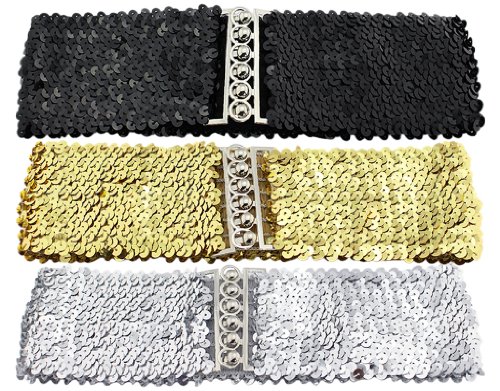 BONAMART ®Women Girls Glitter Sequins Elastic Fabric Wide Belt Waistband Cinch