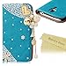 S4 Case,Samsung Galaxy S4 Case - Mavis's Diary 3D Handmade Wallet PU Leather with Bling Crystal Love Heart Pendant Shiny Diamond Flower Card Holder Magnetic Flip Folio Cover & Cleaning Cloth (Blue)