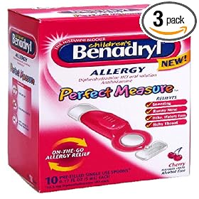 Benadryl Children's Perfect Measure Pre-Filled Single Use Antihistamine Spoons, Cherry Flavored Liquid, 10-Count Spoons (Pack of 3)