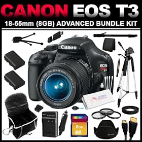 Canon EOS Rebel T3 12.2 MP CMOS Digital SLR Camera with EF-S 18-55mm f/3.5-5.6 IS Lens (8GB Advanced Bundle Kit) includes Charger, x2 Batteries, 8GB SD Card, USB Card Reader, HDMI Cable, Carrying Case, Mini Tripod, 67 Monopod, 57 Tripod, Filters, Lens Pen and Cleaning Kit