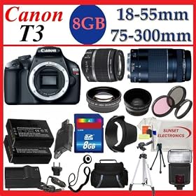 Canon EOS Rebel T3 (1100d) SLR Digital Camera w/ Canon 18-55mm IS Lens & Canon Zoom Telephoto 75-300mm III Lens, 3 Extra Lens, 8GB SDHC Memory Card, Soft Carrying Case, Tripod & Much More !!