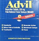 Advil Pain Reliever, Individual Sealed 2 Tablets in a Packet (Box of 50 Packets) Total 100 Tablets. (200 mg each tablet)
