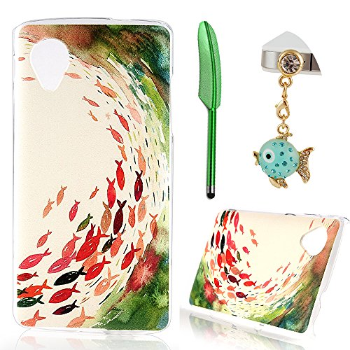 Nexus 5 Case,LG Nexus 5 Case - Mavis's Diary Painted Series Colorful Fishes Pattern Clear Cover Hard Case for LG Google Nexus 5 with Bling Cute Fish Pendant Dust Plug&Green Feather Stylus Pen