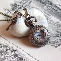 Vintage Jewelry - Vintage Heart Shaped Petite Quartz Locket Watch Necklace with Vintage Antique Bronze Key Charm - Boxed & Gift Wrapped