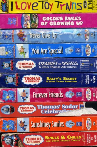 thomas & friends and jay jay the jet plane set 9 vhs: Thomas and Friends - Spills and Chills and Other Thomas Thrills , jay jay the jet plane sunshiney smiles, Thomas Sodor Celebration, jay jay the jet planet forever friends, Thomas the Tank Engine and Friends - Saltys Secret, you are special, Jay Jay the Jet Plane: Never Give Up, Jay Jay the Jetplane - Golden Rules of Growing Up, I Love Toy Trains, Part 1