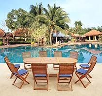 Big Sale LuuNguyen - Alice 11-Piece Extension / Expandable Hardwood Outdoor Furniture Dining Set with Cushions (Natural Wood Finish) - Blue Print