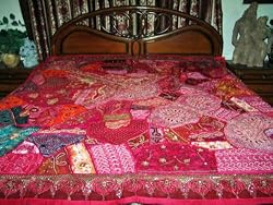 ZARDOZI EMBROIDERED BEADS SARI TAPESTRY BEDSPREAD COVERLET THROW WALL HANGING