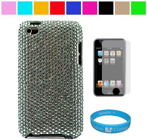 Premium Two Piece Rhinestone Design Protective Cover Case for Apple iPod Touch 4th Generation (8GB 16GB 32GB) iPod Touch 4 Latest Gen + Clear Screen Protector for Apple iPod Touch 4th Generation + SumacLife TM Wisdom Courage Wristband, Silver Diamond