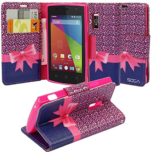Coolpad Rogue Case, Coolpad Rogue Wallet Case, SOGA® [Pocketbook Series] PU Leather Magnetic Flip Design Wallet Case for Coolpad Rogue 3320A (T-Mobile) - Pink Leopard Ribbon Gift