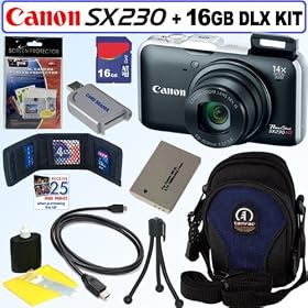 Canon PowerShot SX230HS 12 MP Digital Camera (Black) + NB-5L Battery + 16GB Deluxe Accessory Kit