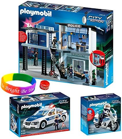 Playmobil Police Set Includes: Police Station with Alarm System, Police Car with Flashing Light and Police Motorcycle with Dimple Ring and Bracelet