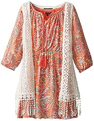 Girls Notched Notched Collar Rayon General Print Peasant Dress 