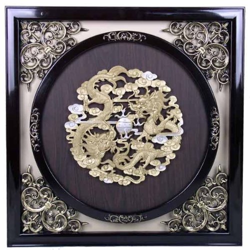 Antique Style Wall Frame w. Raised Golden Double Dragons Design