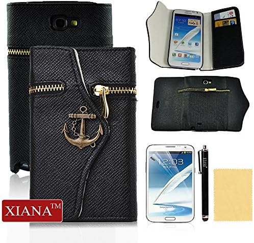 Galaxy Note 2 Case, XIANA Zipper Purse with Pirate Hook Wallet Leather Case Cover With Credit Card Slots/ Money Holders For Galaxy Note 2 N7100(Black),Including A Stylus,Screen Protector and Cleaning Cloth