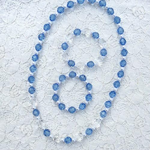3 Piece Little Girls Necklace and Bracelet Set - Light Blue and Clear Stretch Jewelry Set