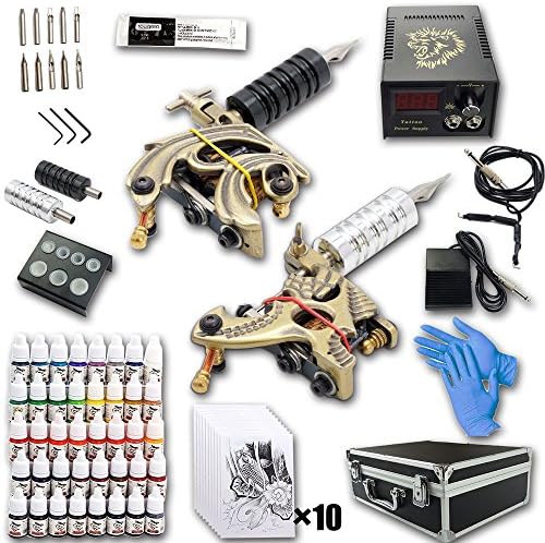 Professional Tattoo Kit Latest Design Machines 10 Coils Complete Inks LCD Dual Output Power Supply Carry Case