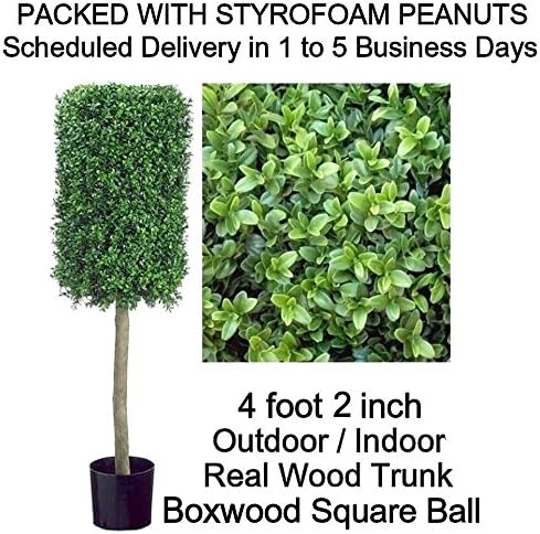 SPJPLANTS Artifical Outdoor Indoor Potted 4 foot 2 inch Boxwood Square Ball Topiary Tree Plant, real wood trunk