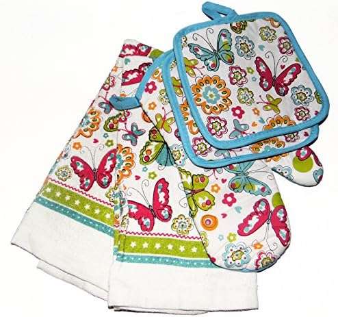5 Piece Spring Butterflies, Flower, Floral Set with Potholders, Oven Mitt & Towels
