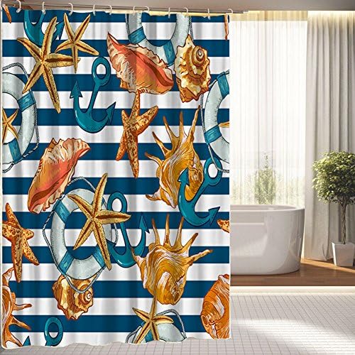 Summer Seamless Pattern with Seashells, Anchor, Lifeline on Striped Background shower curtain; Waterproof Polyester Fabric Shower Curtain 66" x 72"