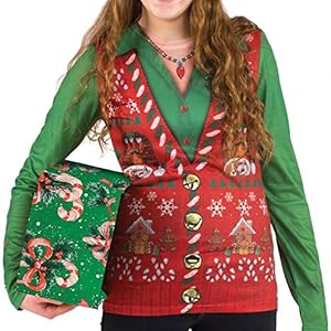 Faux Real Women's Ugly Xmas Sweater Vest Long Sleeve T-Shirt, Multi, Small