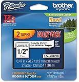 Brother P-Touch TZe Standard Adhesive Laminated Labeling Tapes, 1/2w, Black on White, 2/Pack