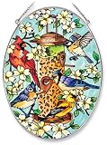 Amia Oval Suncatcher with Songbird and Bird Feeder Design, Hand Painted Glass, 6-1/2-Inch by 9-Inch