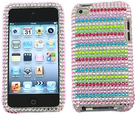iTALKonline PREMIUM FunkGem PINK BLUE YELLOW RAINBOW DELIGHT Diamonte Crystals 2 Part Front and Back Protective Armour/Case/Skin/Cover/Shell with Screen Protector and MicroFibre Cleaning Cloth for Apple iPod Touch 4 4G 4th Generation