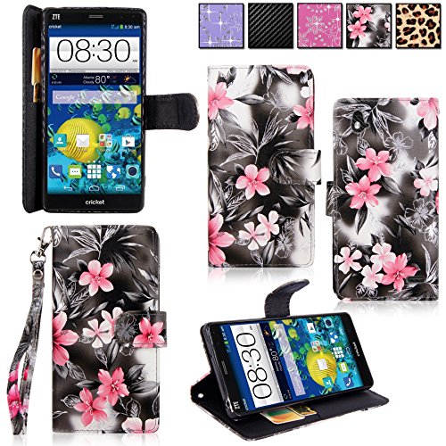 Cellularvilla Wallet Case For ZTE Grand X Max Z787 Pu Leather Wallet Card Flip Open Pocket Case Cover Pouch (Black Pink Flower)