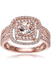 Rose Gold-Plated Silver Morganite and Created White Sapphire Double Halo Engagement Ring, Size 7