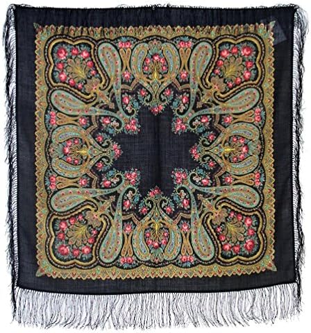 Pavlovoposadskiy Platok Women's Russian Wool Shawl With Silk Fringes 35x35" Black