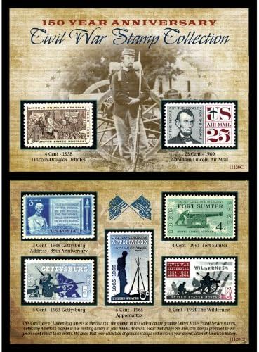 150th Anniversary Civil War Commemorative Stamp Collection - Gettysburg Address, "Of the People, By the People, For the People,..." 1858 Lincoln-Douglas Debate, Lincoln Air Mail Stamp, 1961 4-cent Fort Sumter Stamp, 1963 5-cent Gettysburg Battle Stamp, 1964 5-cent The Wilderness Stamp, 1965 5-cent Battle of Appomattox Stamp.