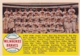 Milwaukee Braves 1958 Topps Baseball Team Card #377 (National League Champs) (Warren Spahn) (Hank Aaron) (Ed Mathews) (Lew Burdette) (Frank Torre) (Joe Adcock) (Bob Buhl) (Johnny Logan) (Wes Covington) (Del Crandall)