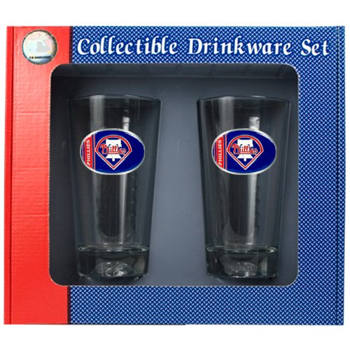 Sports MLB PHILLIES 2pc Pint Ale Glass Set with Baseball Bottom - Oval Logo/Clear Glass