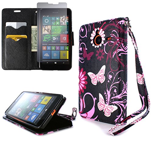 CoverON® for Microsoft Lumia 640 XL Wallet Case [CarryAll Series] Flip Credit Card Phone Cover Design Pouch - Pink Butterfly - with Screen Protector and Wristlet Strap