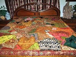 ZARDOZI EMBROIDERED BEADS SARI TAPESTRY BEDSPREAD COVERLET THROW WALL HANGING