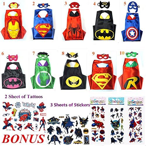 Superhero Cape and Mask Costumes For Kids Set Capes, Masks, Stickers and Tattoos
