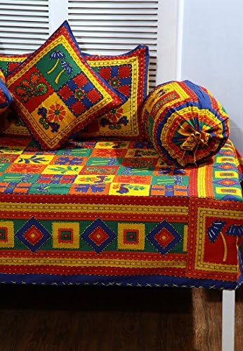 Multi colored kantha print diwan set - 8 pcs