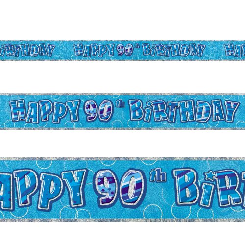 12ft Happy 90th Birthday Blue Sparkle Prismatic Party Foil Banner Decoration