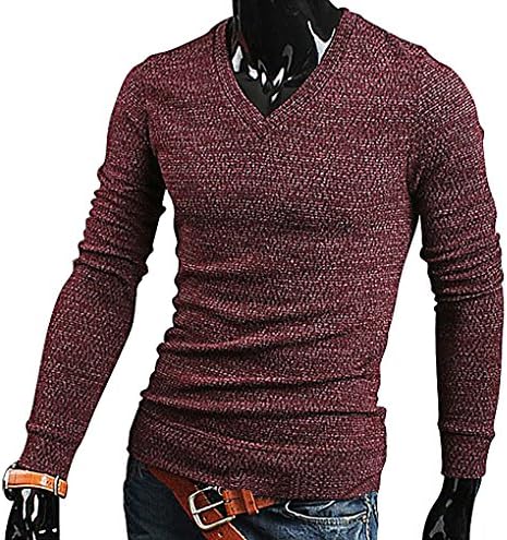 Tophaz Men's Stylish Slim Knitted Basic V Neck Sweater Thin Pullover SW06, Red Medium