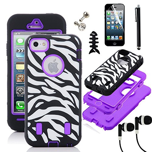 SODIAL(R) ULAK Purple White Zebra Combo Hard Soft High Impact iPhone 5 Armor Case Skin Gel with screen protector