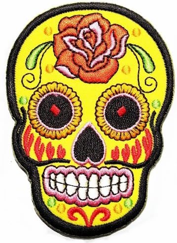 Tribal Tattoo Rockabilly Biker Sugar Day of Dead Skull (Yellow) Logo Shirt Jacket Patch Sew Iron on Embroidered / Size 6.5x9 Cm