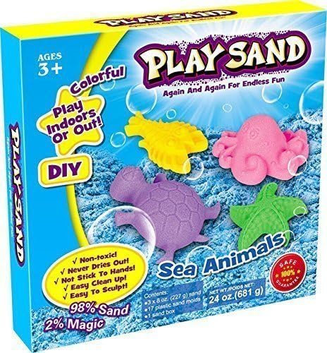Kidskiss Sea Animals Children's Play Sand (3 Colors * 277g) - Sandbox & 17 Sea Animals Plastic Molds - 1 Bonus Inflatable Sand Tray Include